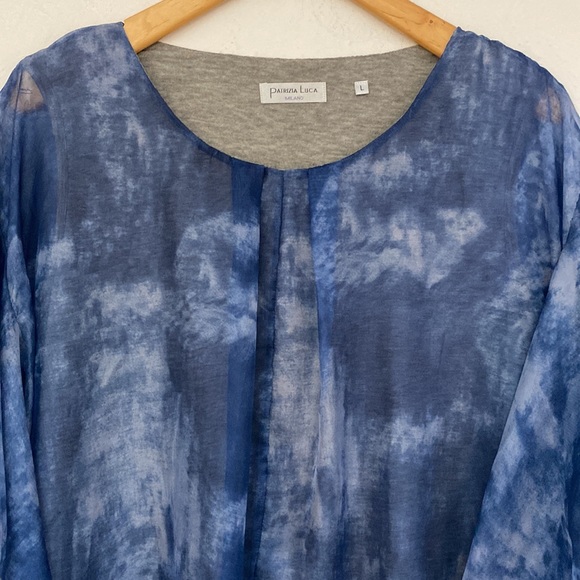 Patrizia Luca Milano Shirt Blue Watercolor Sheer Top Size L - Picture 3 of 17